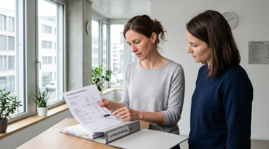 Une spécialiste paie explique ligne par ligne un bulletin de salaire suisse à une collaboratrice dans un bureau lumineux.